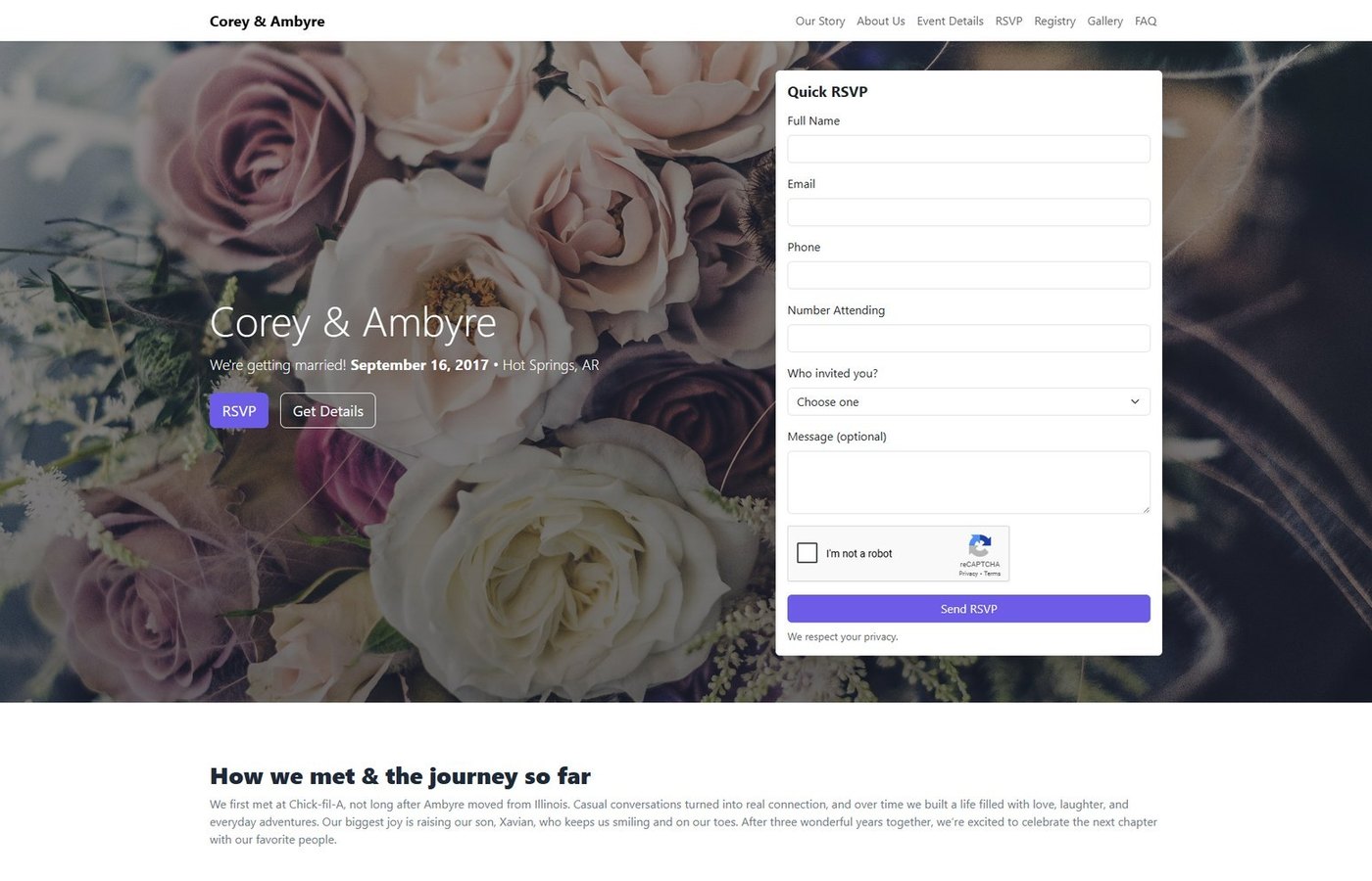 Corey and Ambyre wedding website screenshot